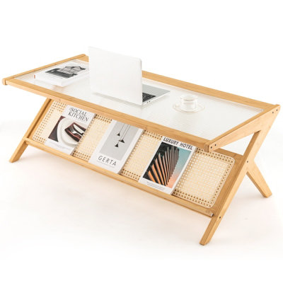 Costway 2-Tier Rectangular Coffee Table Modern Center Bamboo Table with Glass Tabletop