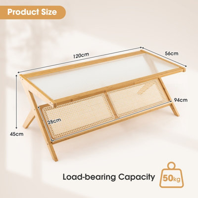Costway 2-Tier Rectangular Coffee Table Modern Center Bamboo Table with Glass Tabletop
