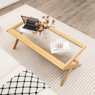 Costway 2-Tier Rectangular Coffee Table Modern Center Bamboo Table with Glass Tabletop
