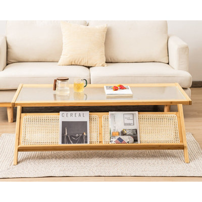 Costway 2-Tier Rectangular Coffee Table Modern Center Bamboo Table with Glass Tabletop