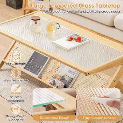 Costway 2-Tier Rectangular Coffee Table Modern Center Bamboo Table with Glass Tabletop