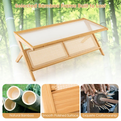 Costway 2-Tier Rectangular Coffee Table Modern Center Bamboo Table with Glass Tabletop