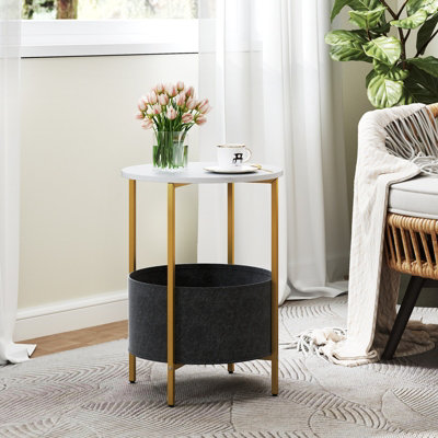 COSTWAY 2-Tier Round Bedside Table Modern Side Table w/ Removable Fabric Basket