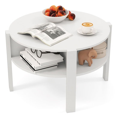 COSTWAY 2-Tier Round Coffee Table 74cm Tea Cocktail Table w/ Storage-White
