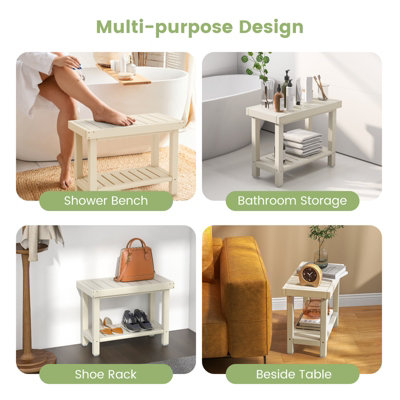 Costway 2-Tier Shower Bench Waterproof Bathroom Shower Stool w/ Bottom Storage Shelf - 7