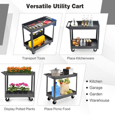 Costway 2-Tier Tool Trolley Utility Cart Heavy Duty Serving Cart W/ 4 Functional Wheels - 3