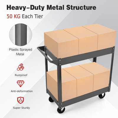 Costway 2-Tier Tool Trolley Utility Cart Heavy Duty Serving Cart W/ 4 Functional Wheels - 4