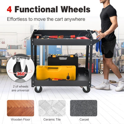 Costway 2-Tier Tool Trolley Utility Cart Heavy Duty Serving Cart W/ 4 Functional Wheels - 5
