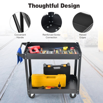 Costway 2-Tier Tool Trolley Utility Cart Heavy Duty Serving Cart W/ 4 Functional Wheels - 6