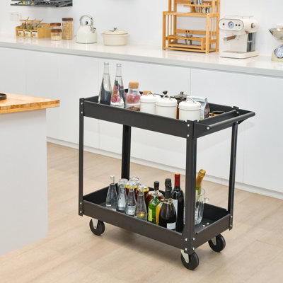 Costway 2-Tier Tool Trolley Utility Cart Heavy Duty Serving Cart W/ 4 Functional Wheels - 7