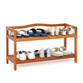 Costway 2-Tier Wood Shoe Rack Solid Shoe Storage Shelf Organizing Unit w/ Side Hooks
