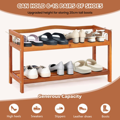 Costway 2-Tier Wood Shoe Rack Solid Shoe Storage Shelf Organizing Unit w/ Side Hooks - 5