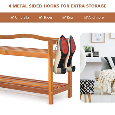 Costway 2-Tier Wood Shoe Rack Solid Shoe Storage Shelf Organizing Unit w/ Side Hooks - 6