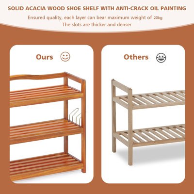 Costway 2-Tier Wood Shoe Rack Solid Shoe Storage Shelf Organizing Unit w/ Side Hooks - 7