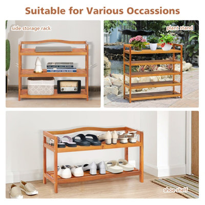 Costway 2-Tier Wood Shoe Rack Solid Shoe Storage Shelf Organizing Unit w/ Side Hooks - 8