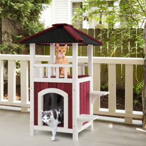 Costway 2-Tier Wooden Cat House Outdoor Cat Shelter Weatherproof Pet Hutch Asphalt Roof