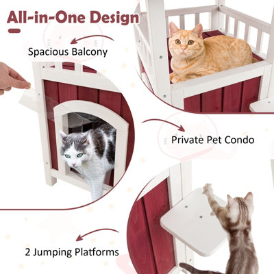 Outdoor Insulated Cat House 2 Tier Warm Wood Cat Shelter With Sunlight Roof Balcony Jumping Platforms Kitty Pet Porch Enclosure Weatherproof Openable Gray Insulated Warm