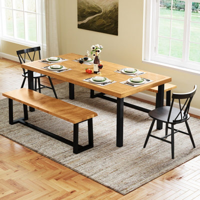 COSTWAY 2 x 1 M Rectangle Acacia Wood Table for 8 Patio Dining Table w/ 5cm Umbrella Hole