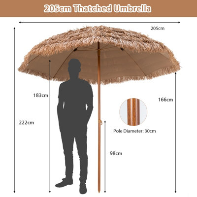 Costway 205cm Thatched Tiki Patio Umbrella Hawaiian Hula Beach Umbrella W/ 8 Ribs - 3