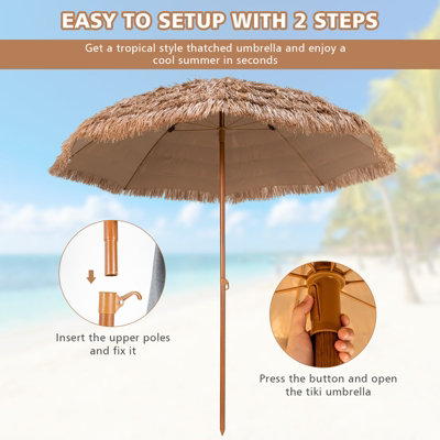 Costway 205cm Thatched Tiki Patio Umbrella Hawaiian Hula Beach Umbrella W/ 8 Ribs - 7