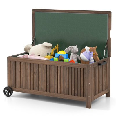 Costway 207 L Wood Deck Box Outdoor Storage Box w/ Wheels Patio Storage Bench