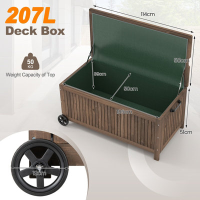 Costway 207 L Wood Deck Box Outdoor Storage Box w/ Wheels Patio Storage Bench - 3