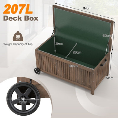 Costway 207 L Wood Deck Box Outdoor Storage Box w/ Wheels Patio Storage Bench