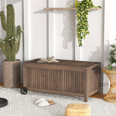 Costway 207 L Wood Deck Box Outdoor Storage Box w/ Wheels Patio Storage Bench - 5