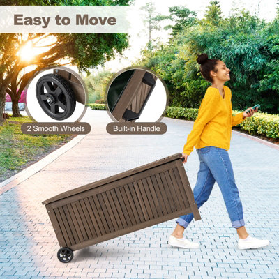 Costway 207 L Wood Deck Box Outdoor Storage Box w/ Wheels Patio Storage Bench - 9