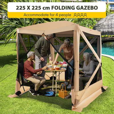 Costway 225 cm x 225 cm 4-Panel Pop up Camping Gazebo Instant Setup Screen House Gazebo Tent with 2 Sunshade Cloths