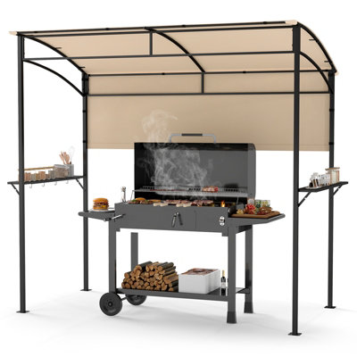 COSTWAY 239 x 108 cm Grill Gazebo Outdoor Patio BBQ Canopy w/ Metal Shelves-Beige