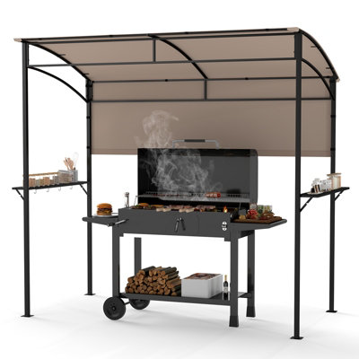 COSTWAY 239 x 108 cm Grill Gazebo Outdoor Patio BBQ Canopy w/ Metal Shelves-Brown