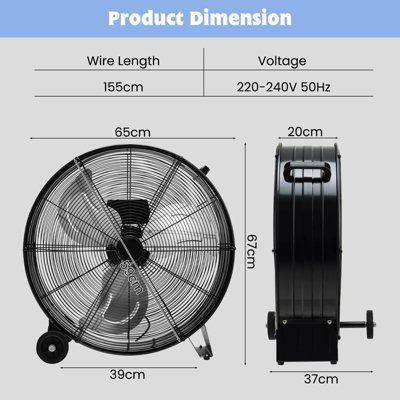 Costway 24" Drum Fan High-Velocity Direct-Driven Floor Fan 3 Speed