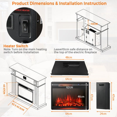 Costway 25" Electric Fireplace Insert 1800W Recessed Electric Heater W/ 3 Colors Light