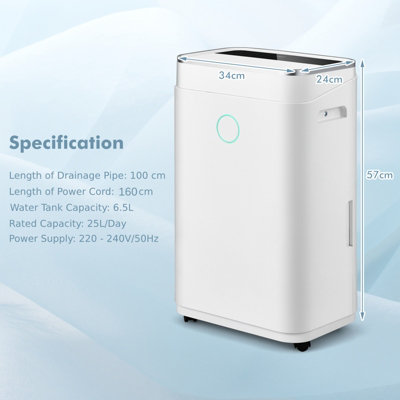 Costway 25L/Day Home Dehumidifier w/ Auto Drainage 24H Timer Overflow Protection Laundry Dehumidifier 6.5L Water Tank - 4