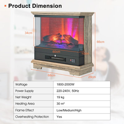 Costway 27" Freestanding Fireplace 2000W Electric Fireplace Heater W/ 3-Level Vivid Flame - 3