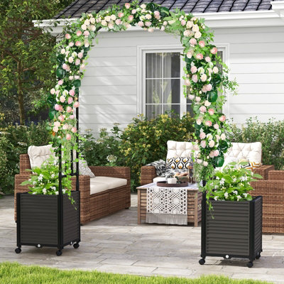 Costway 2M Arch Arbor Trellis w/ 2 Planter Boxes Self-Watering Garden Pergola Arbor w/ Wheels