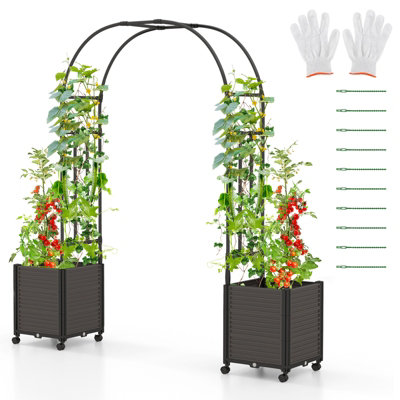 Costway 2M Arch Arbor Trellis w/ 2 Planter Boxes Self-Watering Garden Pergola Arbor w/ Wheels