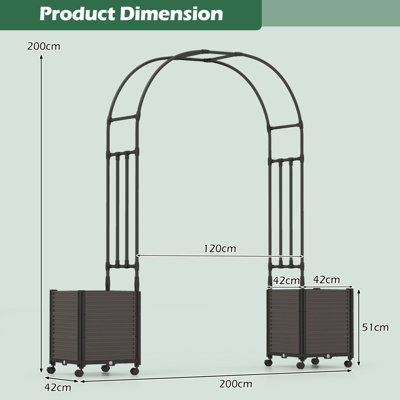 Costway 2M Arch Arbor Trellis w/ 2 Planter Boxes Self-Watering Garden Pergola Arbor w/ Wheels - 3