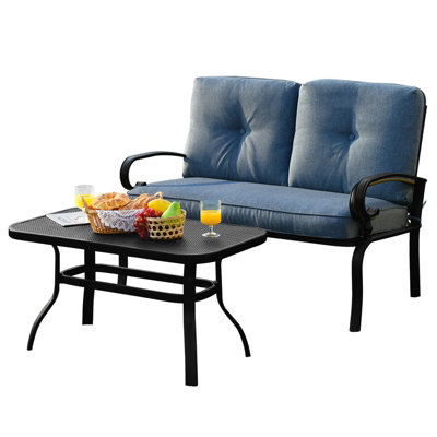 Costway 2PCS Outdoor Conversation Set Loveseat Patio Beach W/ Coffee Table& Soft Cushion