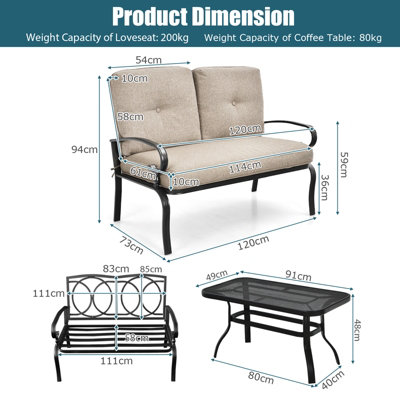 Costway 2PCS Outdoor Conversation Set Loveseat Patio Beach W/ Coffee Table& Soft Cushion