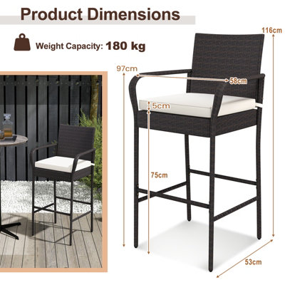 Costway 2Pcs Patio Wicker Barstools Set Outdoor PE Rattan Bar Chairs w/Armrests