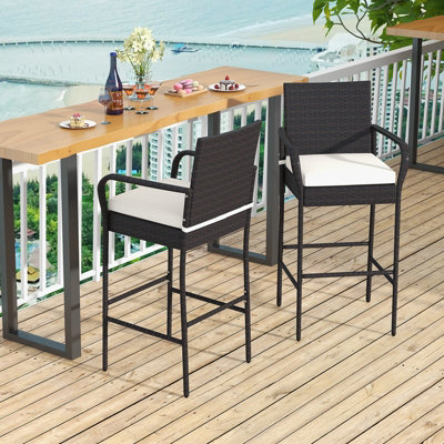 Costway 2Pcs Patio Wicker Barstools Set Outdoor PE Rattan Bar Chairs w/Armrests - 3