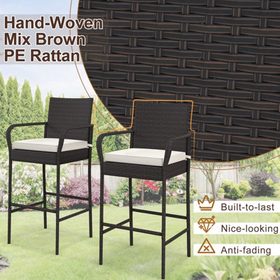 Costway 2Pcs Patio Wicker Barstools Set Outdoor PE Rattan Bar Chairs w/Armrests - 7