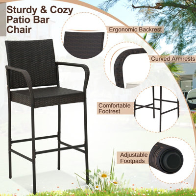 Costway 2Pcs Patio Wicker Barstools Set Outdoor PE Rattan Bar Chairs w/Armrests - 9