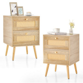 Costway 2PCS Rattan Nightstand Accent Bedside Table Modern End Table w/2 Drawers