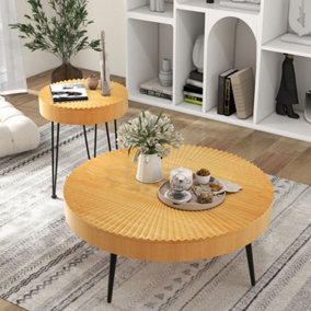 Costway 2PCS Round Nesting Tables Boho Farmhouse Accent Coffee Tables w/ Adjustable Foot
