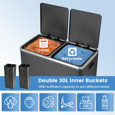 Costway 2x30L Recycling Pedal Bin Double Kitchen Waste Bin with Plastic Inner Buckets - 3