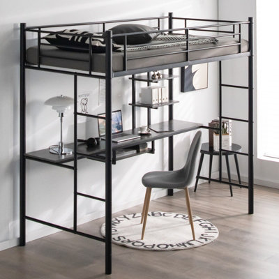 Metal loft bed with on sale desk and shelves