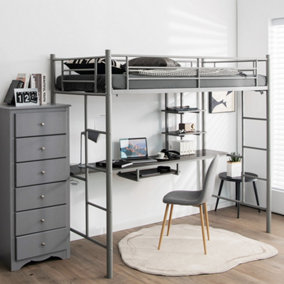 Costway 3.5FT Single Metal Loft Bed Frame High Sleeper Bunk Bed W/ Desk Storage Shelves
